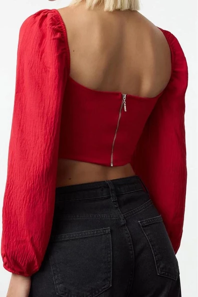 Stil Kadın Korse Detaylı Bluz Crop Dokuma Fitted Kalıp - 4