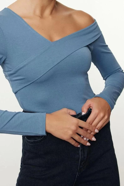 Stil Kadın Pamuklu Volanlı Fitted Vücuda Oturan Bluz Crop Örme Slim Kalıp Düşük Kol
