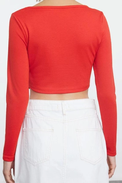 Stil Kadın Biye Detaylı Fitted Vücuda Oturan İnterlok Bluz Crop Örme Slim Kalıp - 4