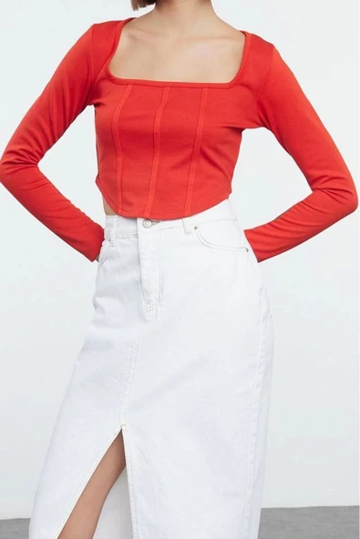 Stil Kadın Biye Detaylı Fitted Vücuda Oturan İnterlok Bluz Crop Örme Slim Kalıp - 2