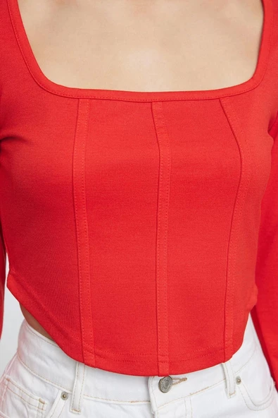 Stil Kadın Biye Detaylı Fitted Vücuda Oturan İnterlok Bluz Crop Örme Slim Kalıp - 5