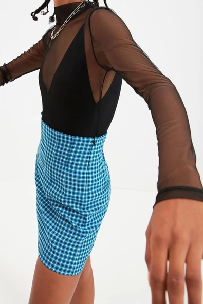 Stil Kadın Fitted Vücuda Oturan Tül Bluz Regular Örme Slim Kalıp