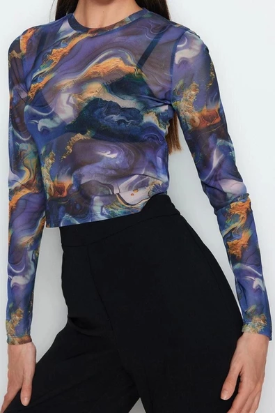 Stil Kadın Baskılı Tül Fitted Vücuda Oturan Esnek Bluz Crop Örme Slim Kalıp - 2