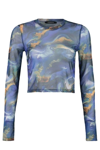 Stil Kadın Baskılı Tül Fitted Vücuda Oturan Esnek Bluz Crop Örme Slim Kalıp - 3