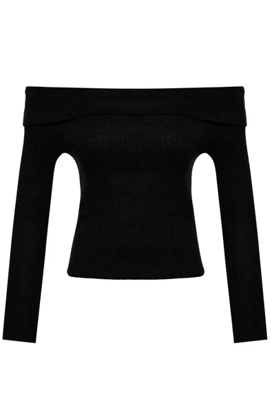 Stil Kadın Triko Görünümlü Fitted Vücuda Oturan Crop Madonna Yaka Bluz Regular Slim Kalıp Düşük Kol - 3