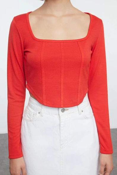 Stil Kadın Biye Detaylı Fitted Vücuda Oturan İnterlok Bluz Crop Örme Slim Kalıp - 3