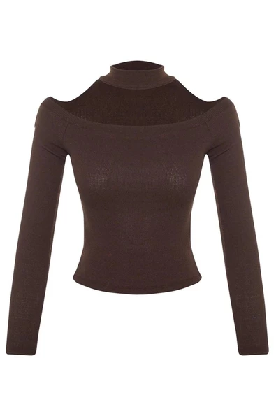 Stil Kadın Carmen Yaka Choker Detaylı Fitted Vücuda Oturan Fitilli Bluz Crop Örme Slim Kalıp - 3