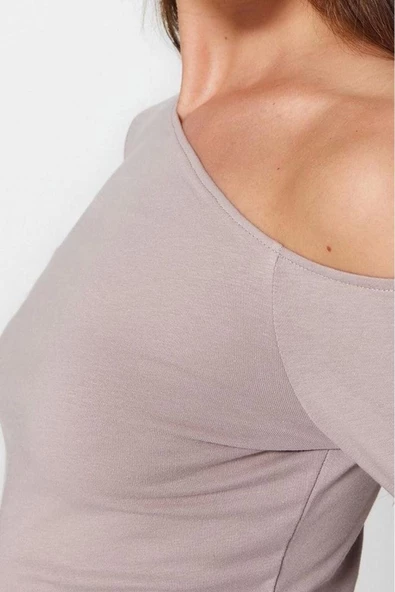 Stil Kadın Büzgülü Fitted Vücuda Oturan Pamuklu Esnek Bluz Regular Örme Slim Kalıp Düşük Kol - 2