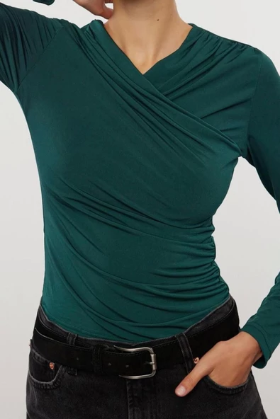 Stil Kadın Büzgü Drape Detaylı Fitted Vücuda Oturan Kollu Esnek Bluz Regular Örme Slim Kalıp