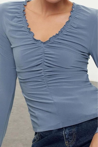Stil Kadın Büzgü Drape Detaylı Vücuda Oturan Esnek Bluz Regular Örme Slim Kalıp