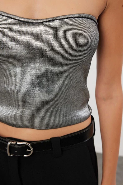 Stil Kadın Varaklı Straplez Yaka Bluz Crop Triko Slim Kalıp - 5