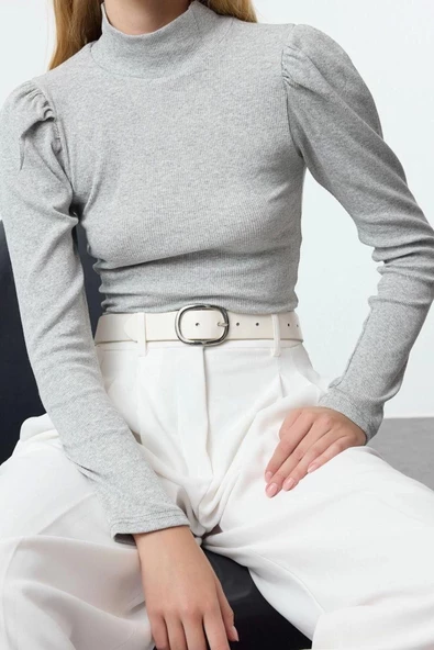 Stil Kadın Fitted Vücuda Oturan lu Fitilli Esnek Bluz Regular Örme Slim Kalıp Balon Kol - 1