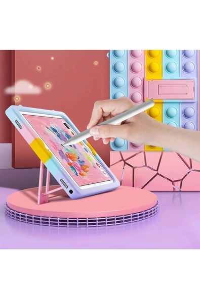 Samsung Galaxy Tab A9 8.7 Inç Tablet Uyumlu Popit Kılıf Standlı Çocuk Kılıfı Askılı SM-X110  GÖKKUŞAĞI - 3