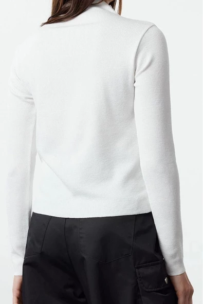 Stil Kadın Fitted Fermuarlı Biye Detaylı Fitilli Esnek Bluz Standart Örme Regular Kalıp Reglan Kol - 4