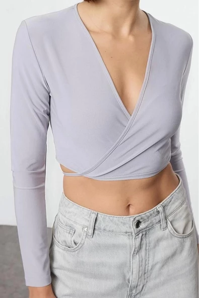 Stil Kadın Yaka Fitted Vücuda Oturan Esnek Bluz Crop Örme Slim Kalıp - 2