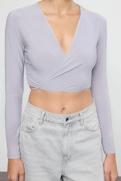 Stil Kadın Yaka Fitted Vücuda Oturan Esnek Bluz Crop Örme Slim Kalıp - 3