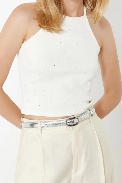 Stil Kadın Taş Detaylı Fitted Vücuda Oturan Fitilli Esnek Bluz Crop Örme Slim Kalıp