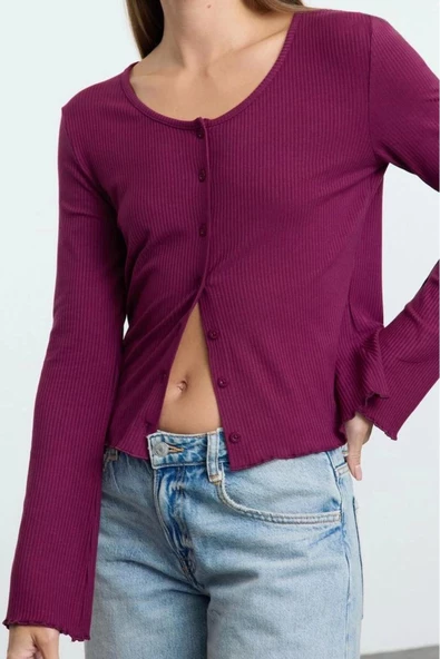 Stil Kadın Vücuda Oturan Düğmeli Kollu Fitilli Esnek Bluz Regular Örme Slim Fit Kalıp