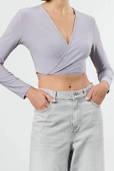 Stil Kadın Yaka Fitted Vücuda Oturan Esnek Bluz Crop Örme Slim Kalıp