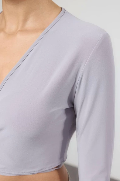 Stil Kadın Yaka Fitted Vücuda Oturan Esnek Bluz Crop Örme Slim Kalıp - 5