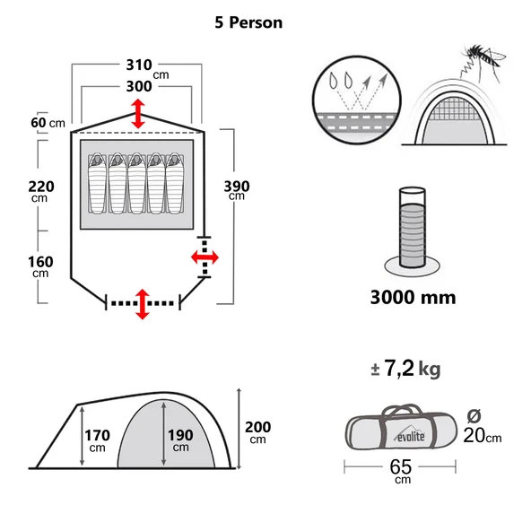 Evolite Excamp 5 Pro Sun Fresh Aile Çadırı UPF80 - Resim 3