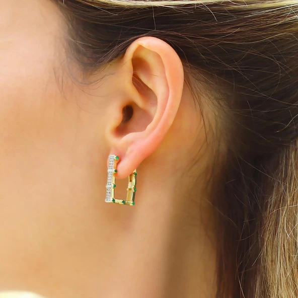 Dikdörtgen Halka Trend Gold Gümüş Küpe - Resim 3