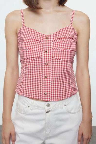 Stil Kadın Askılı Pötikareli Bluz Regular Dokuma Slim Fit Kalıp İnce Askılı - 3