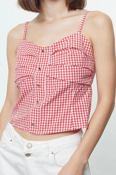 Stil Kadın Askılı Pötikareli Bluz Regular Dokuma Slim Fit Kalıp İnce Askılı - 1