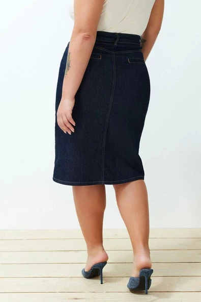 Moda Büyük Beden Kalem Düz Desen Günlük Mini Boy Yırtmaçlı Mini Kalem Denim Etek - Resim 6