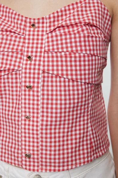 Stil Kadın Askılı Pötikareli Bluz Regular Dokuma Slim Fit Kalıp İnce Askılı - 5