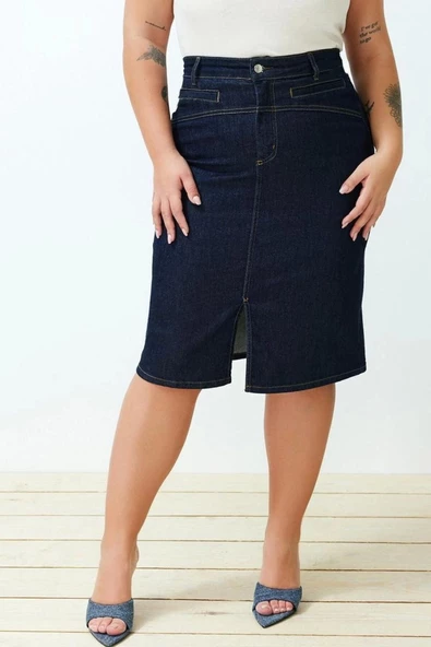 Moda Büyük Beden Kalem Düz Desen Günlük Mini Boy Yırtmaçlı Mini Kalem Denim Etek - Resim 2