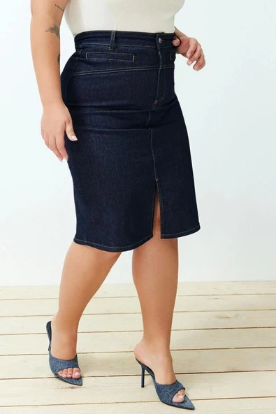 Moda Büyük Beden Kalem Düz Desen Günlük Mini Boy Yırtmaçlı Mini Kalem Denim Etek - Resim 4