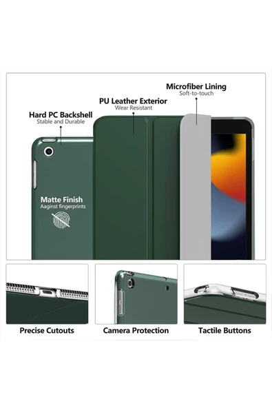 Apple Ipad 5. 6. Nesil 2017 2018 9.7" Inc Kılıf Smart Cover Katlanabilir Standlı Akıllı Kapak  Koyu Yeşil - 4