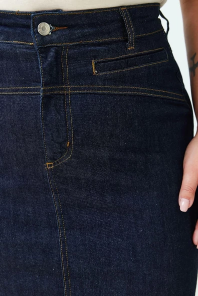 Moda Büyük Beden Kalem Düz Desen Günlük Mini Boy Yırtmaçlı Mini Kalem Denim Etek - Resim 5