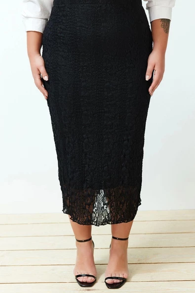 Moda Büyük Beden Regular Düz Desen Günlük Midi Boy Dantelli Midi Örme Etek