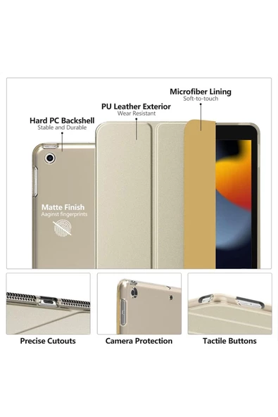 Apple Ipad 5. 6. Nesil 2017 2018 9.7" Inc Kılıf Smart Cover Katlanabilir Standlı Akıllı Kapak  Gold - 3