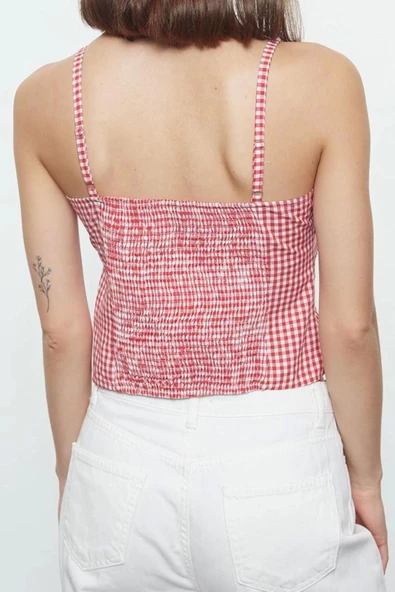Stil Kadın Askılı Pötikareli Bluz Regular Dokuma Slim Fit Kalıp İnce Askılı - 4