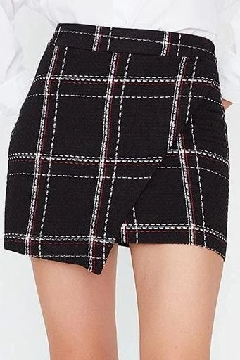 Moda Slim Fit Ekose Desen Şık Gece Mini Boy Kareli Tüvit Kumaş Kruvaze Mini Boy Dokuma Etek - 2