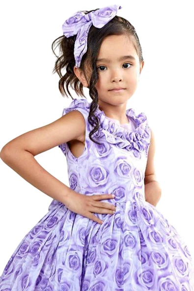 Kız Çocuk Yakası ve Etek Ucu Fırfırlı Üzeri Gül Baskılı Kolsuz Lila Elbise - Resim 7
