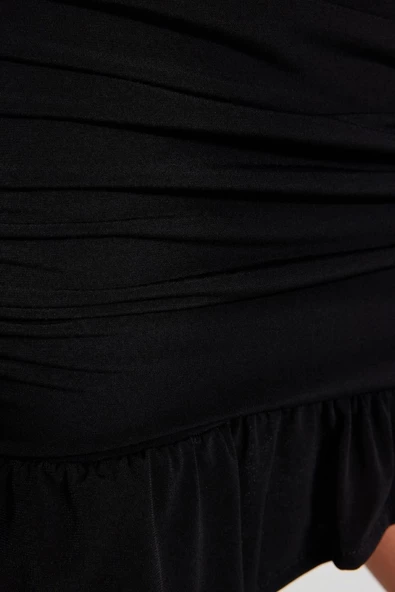 Moda Fitted Düz Desen Şık Gece Mini Boy Vücuda Oturan Drapeli Örme Etek - 6