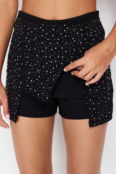 Moda Fitted Düz Desen Şık Gece Mini Boy Parlak Taşlı Dokuma Şort Etek - 5