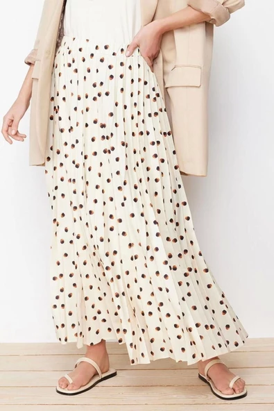 Moda Tesettür Regular Puantiyeli Günlük Maxi Boy Astarlı Animal Puantiyeli Piliseli Dokuma Etek - 5
