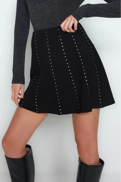Moda Düz Desen Şık Gece Mini Boy Taş Aksesuarlı Mini Belden Açılan Örme Etek - 4