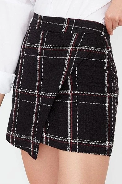 Moda Slim Fit Ekose Desen Şık Gece Mini Boy Kareli Tüvit Kumaş Kruvaze Mini Boy Dokuma Etek - 3