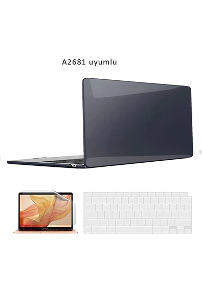 Macbook Air 13.6 Inç M2 M3 M4 Çip A2681 A3113 A3240 Uyumlu Alt Üst Kılıf Klavye Ve Ekran Koruyucu  Siyah Şeffaf