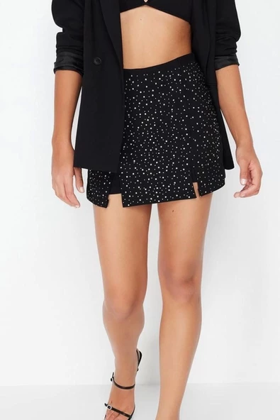 Moda Fitted Düz Desen Şık Gece Mini Boy Parlak Taşlı Dokuma Şort Etek - 3