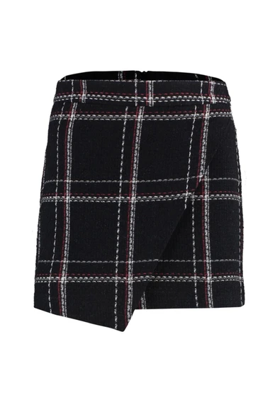 Moda Slim Fit Ekose Desen Şık Gece Mini Boy Kareli Tüvit Kumaş Kruvaze Mini Boy Dokuma Etek