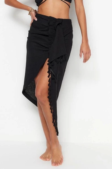 Moda Regular Düz Desen Plaj Maxi Boy Midi Dokuma Püsküllü Etek - 2
