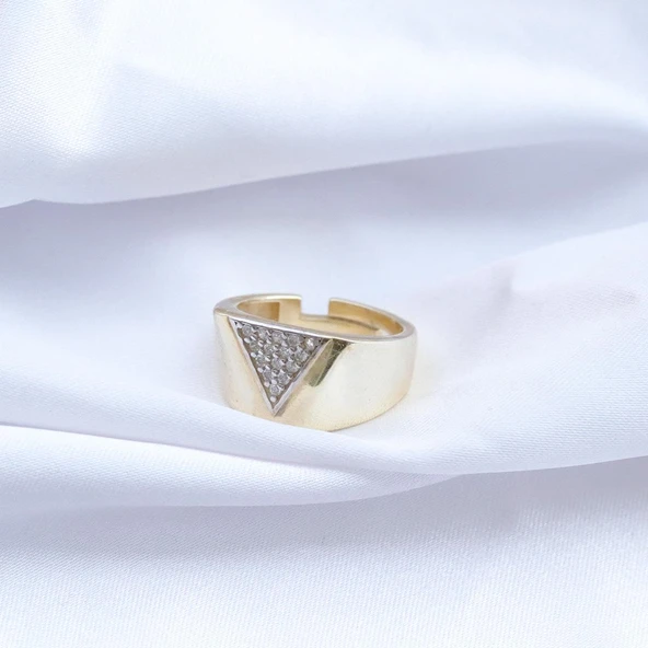 Üçgen Taşlı Gold Ayarlanabilir Gümüş Yüzük - Resim 4