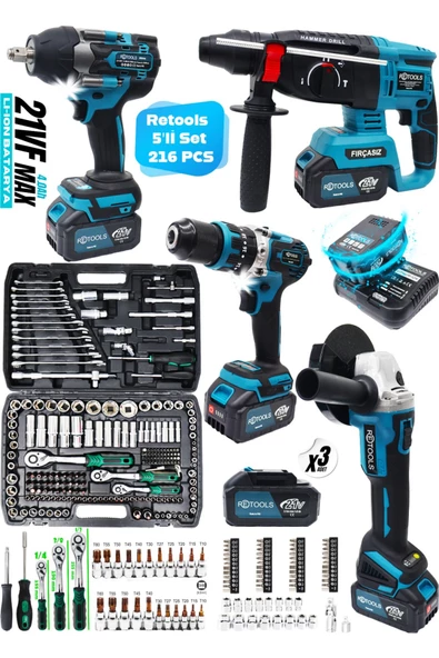 RETOOLS 5 Lİ SET 800 NM'Lİ 4 LÜ SET  + 216 PARÇA LOKMA TAKIMI - 1